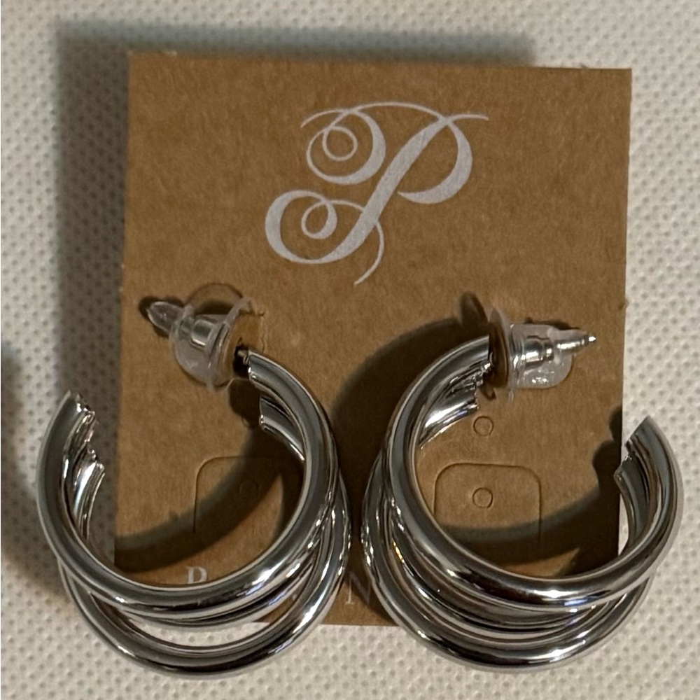 Plunder Silver Triple Hoop Statement Earrings